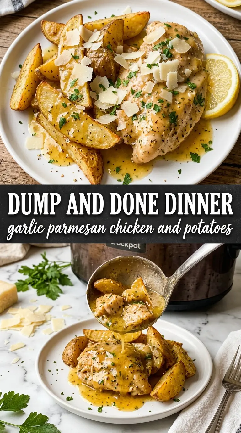 Garlic Parmesan Crockpot Chicken and Potatoes golden herb crust, baby potatoes
