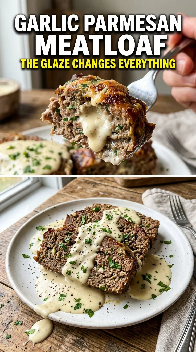 Garlic Parmesan Meatloaf golden crust juicy slices