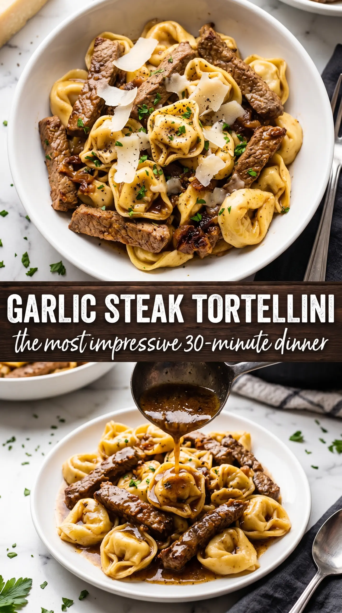 Garlic Steak Tortellini savory cheesy skillet