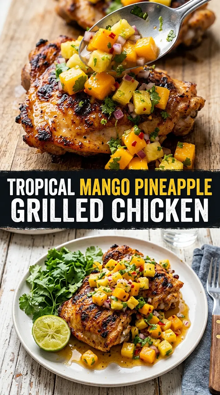 Grilled Mango Pineapple Chicken tropical glaze, grilled fruit, caramelized