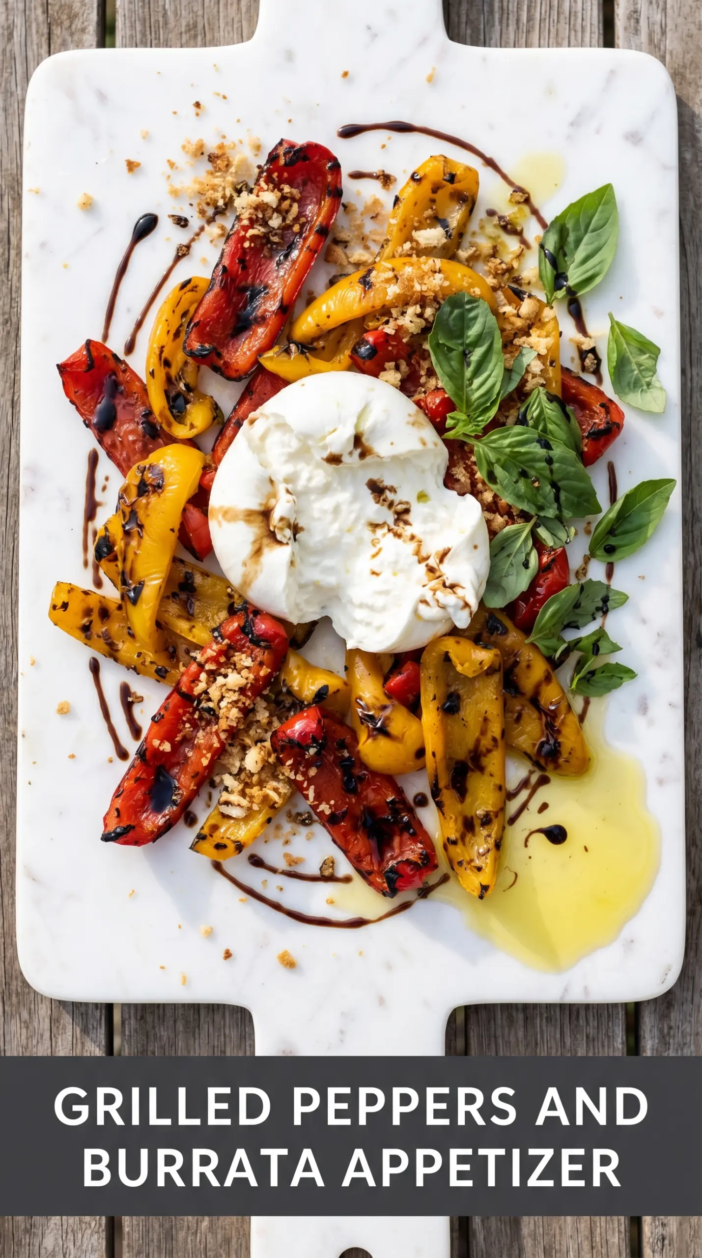 Grilled Marinated Peppers with Burrata and Breadcrumbs, charred creamy crisp