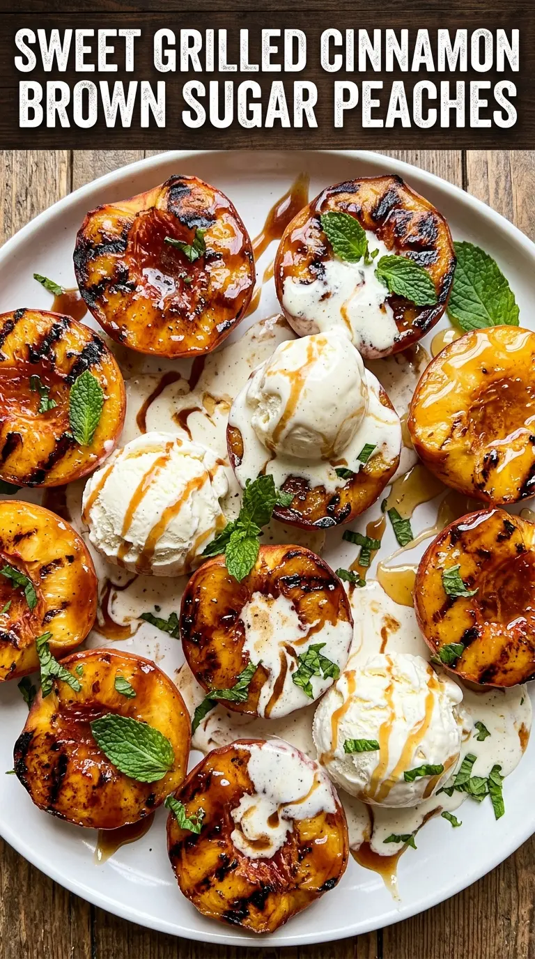 Grilled peaches with cinnamon and brown sugar caramelized summer dessert