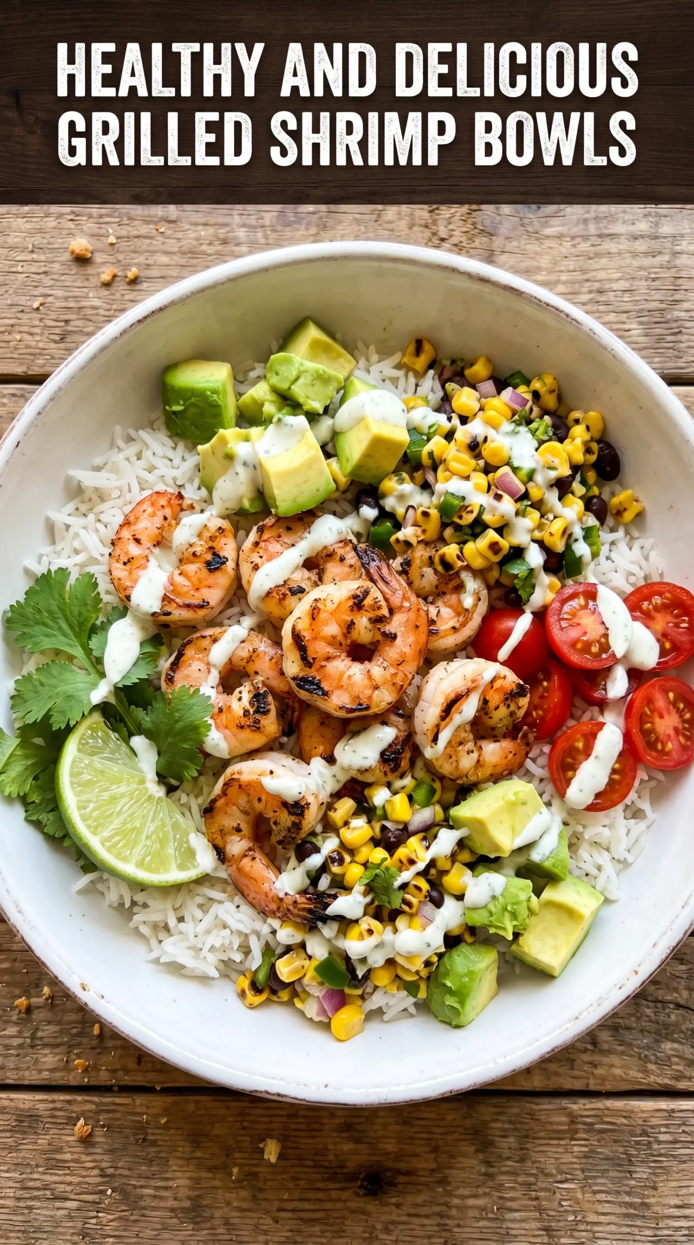 Grilled Shrimp Bowl with Avocado and Corn Salsa colorful fresh lime