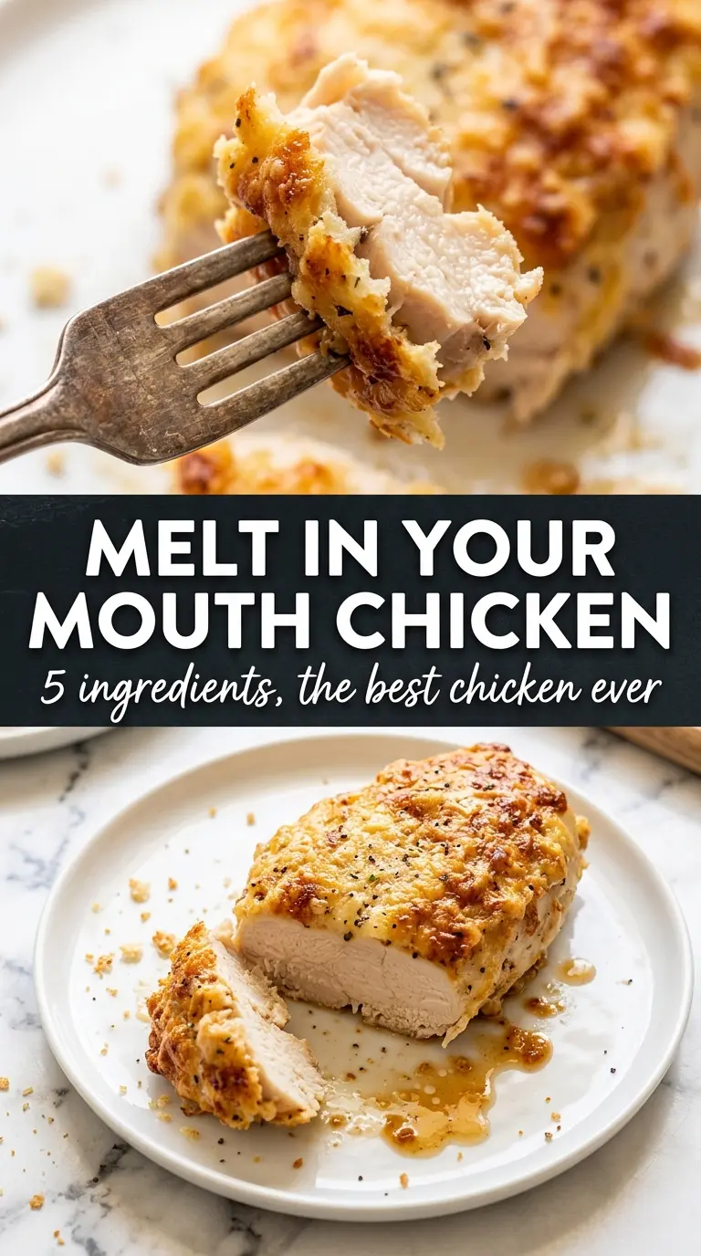 Melt In Your Mouth Chicken golden Parmesan crust, juicy baked chicken, tender texture