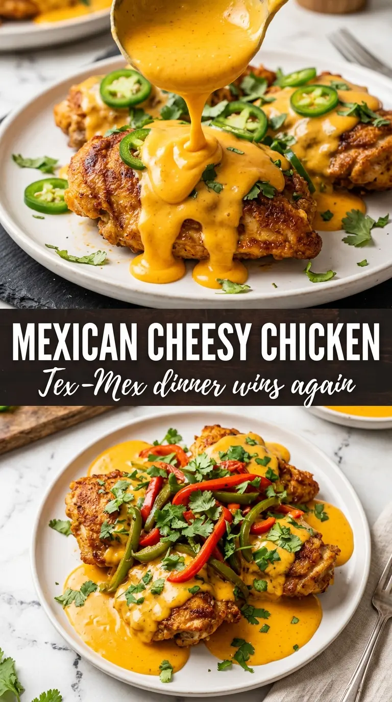 Mexican chicken with cheese sauce, cheesy skillet dinner, queso chicken