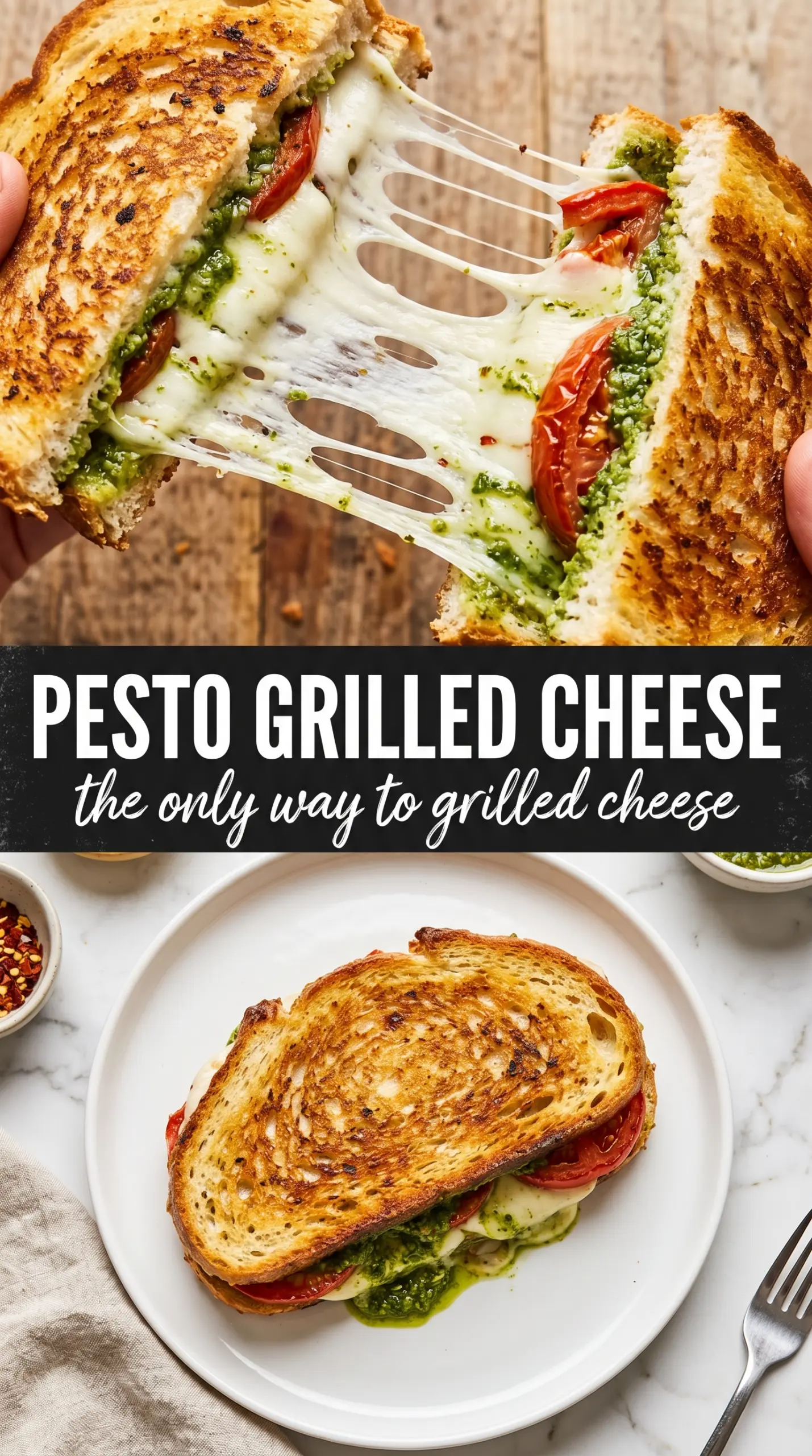 Pesto Grilled Cheese with mozzarella, sun-dried tomatoes, sourdough