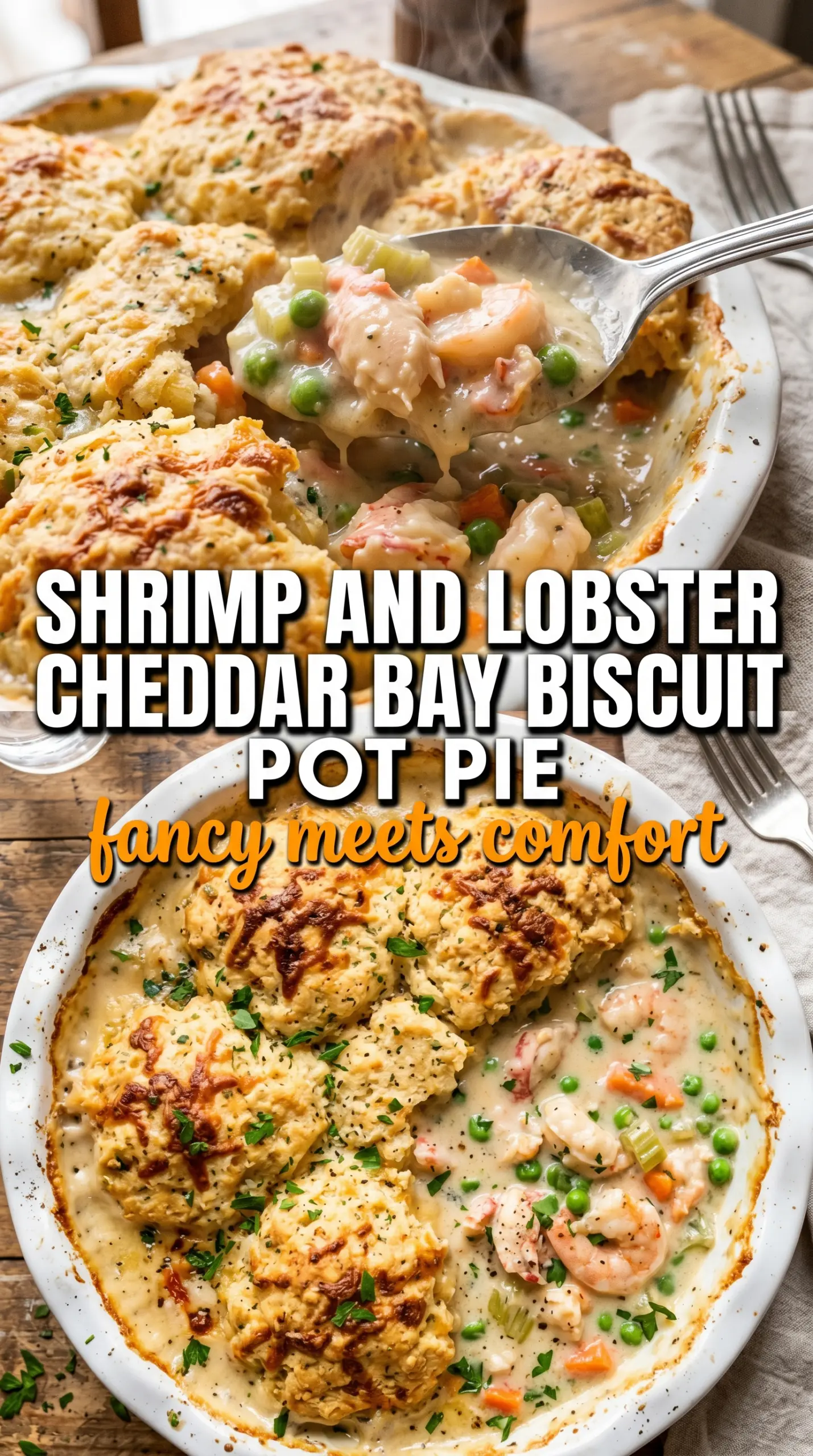 Shrimp and Lobster Cheddar Bay Biscuit Pot Pie creamy seafood biscuit-topped