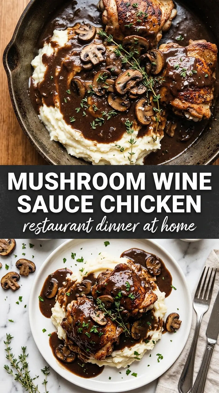 Skillet Chicken and Mushroom Wine Sauce, glossy mushrooms, seared chicken