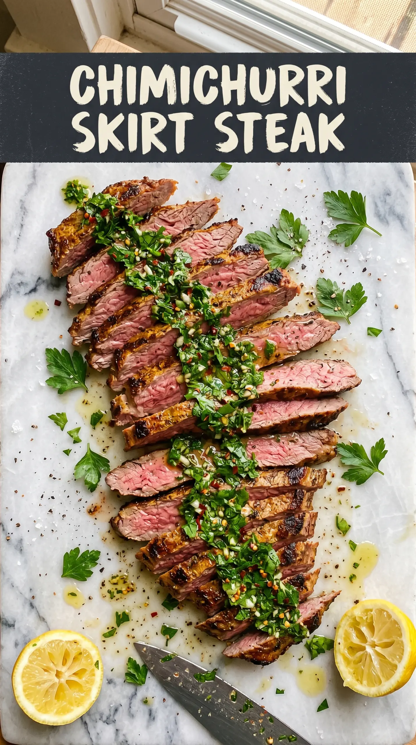 Skirt Steak Marinade with Chimichurri, vibrant herb sauce, grilled steak