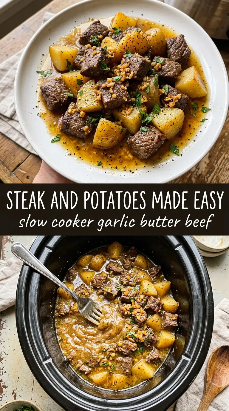 Slow Cooker Garlic Butter Beef Bites with Potatoes, tender savory potatoes