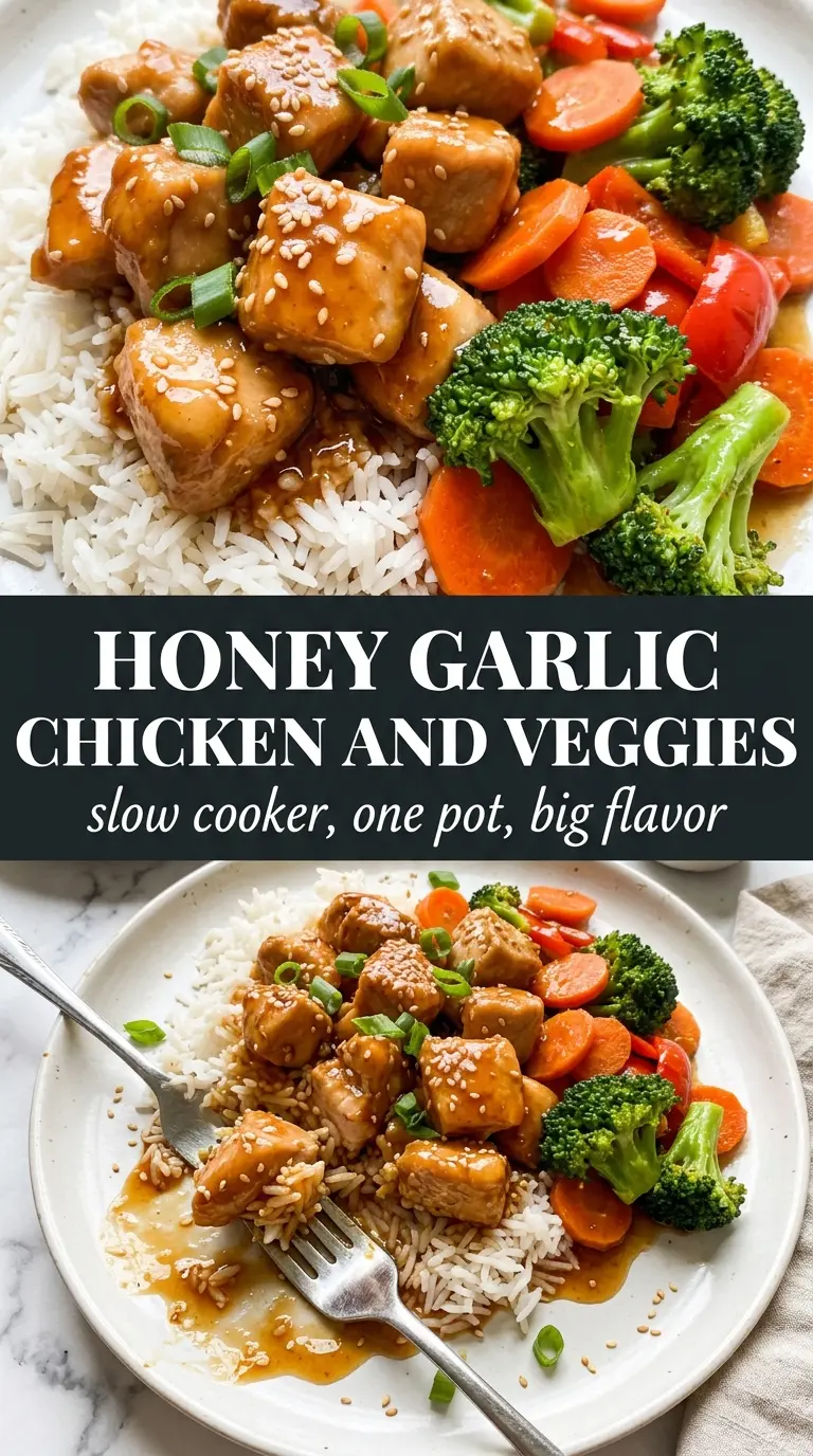 Slow Cooker Honey Garlic Chicken and Veggies glossy chicken, tender vegetables