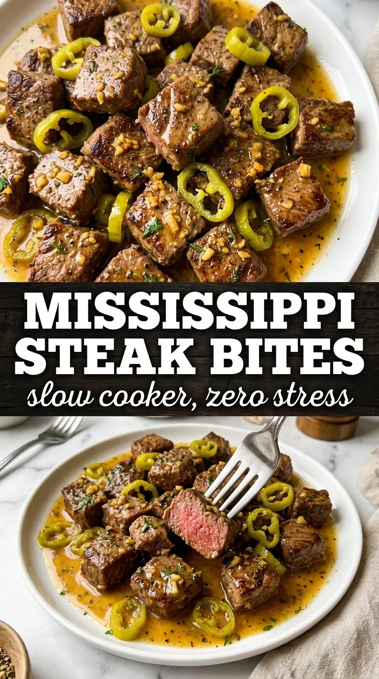 Slow Cooker Mississippi Steak Bites, tender, buttery, pepperoncini