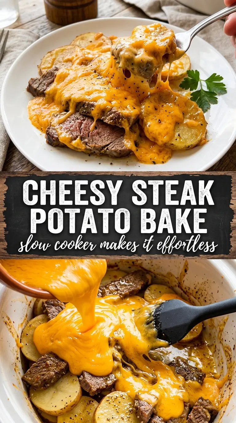 Slow Cooker Steak and Cheddar Potato Casserole cheesy layers, steak strips, potato rounds