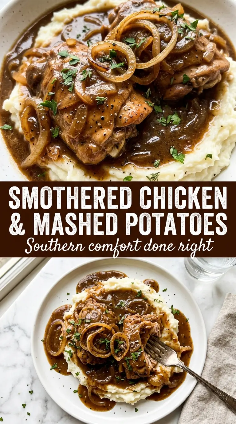 Smothered Chicken with mushroom gravy, golden chicken thighs, rich skillet dinner
