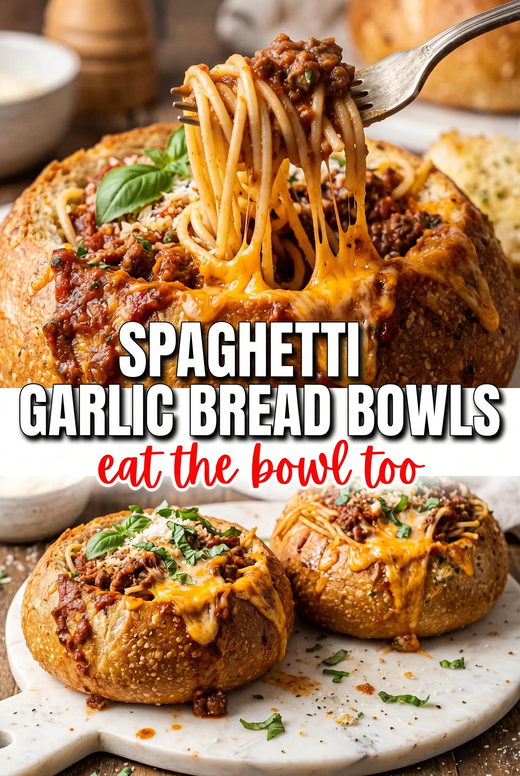 Spaghetti Garlic Bread Bowls