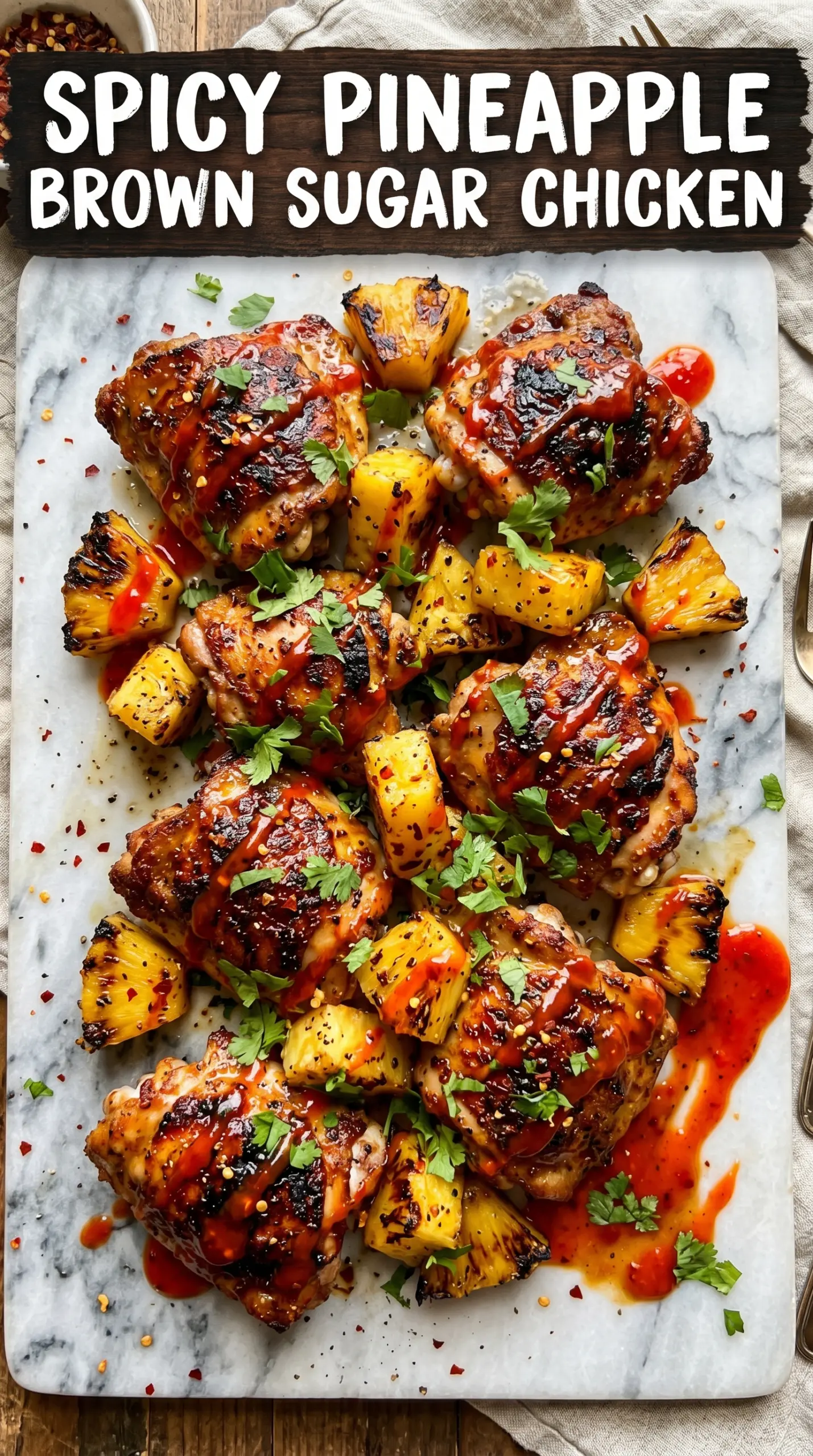 Spicy Pineapple Brown Sugar Chicken with caramelized glaze, grilled pineapple, charred finish