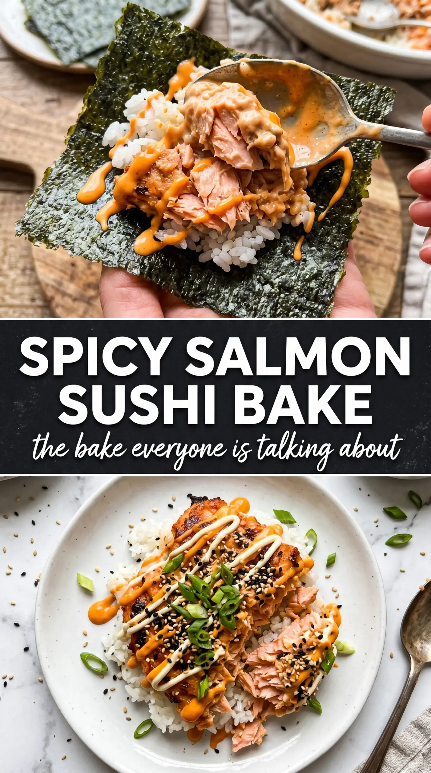 Spicy salmon sushi bake creamy golden bubbling