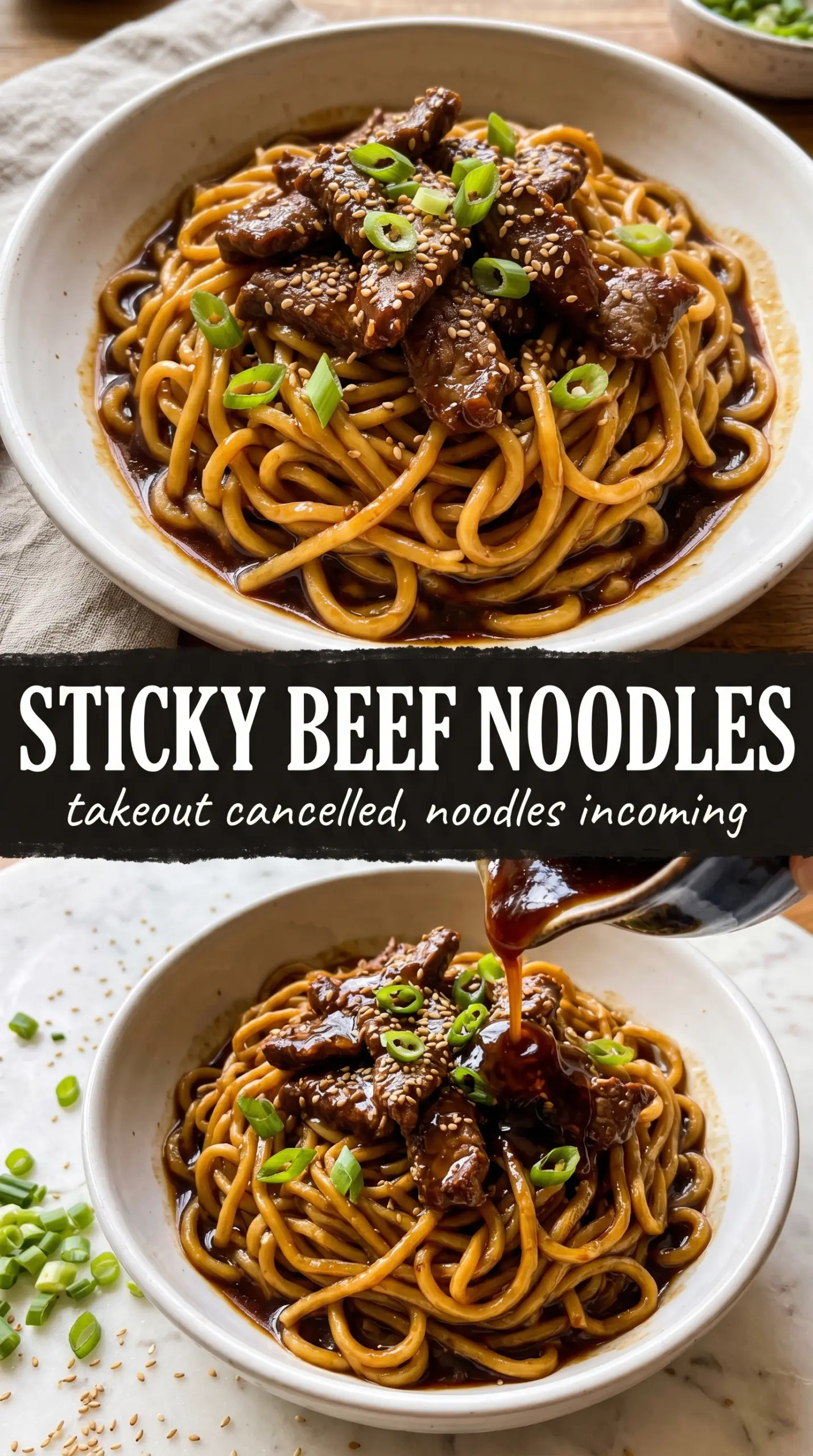 Sticky beef noodles glossy savory