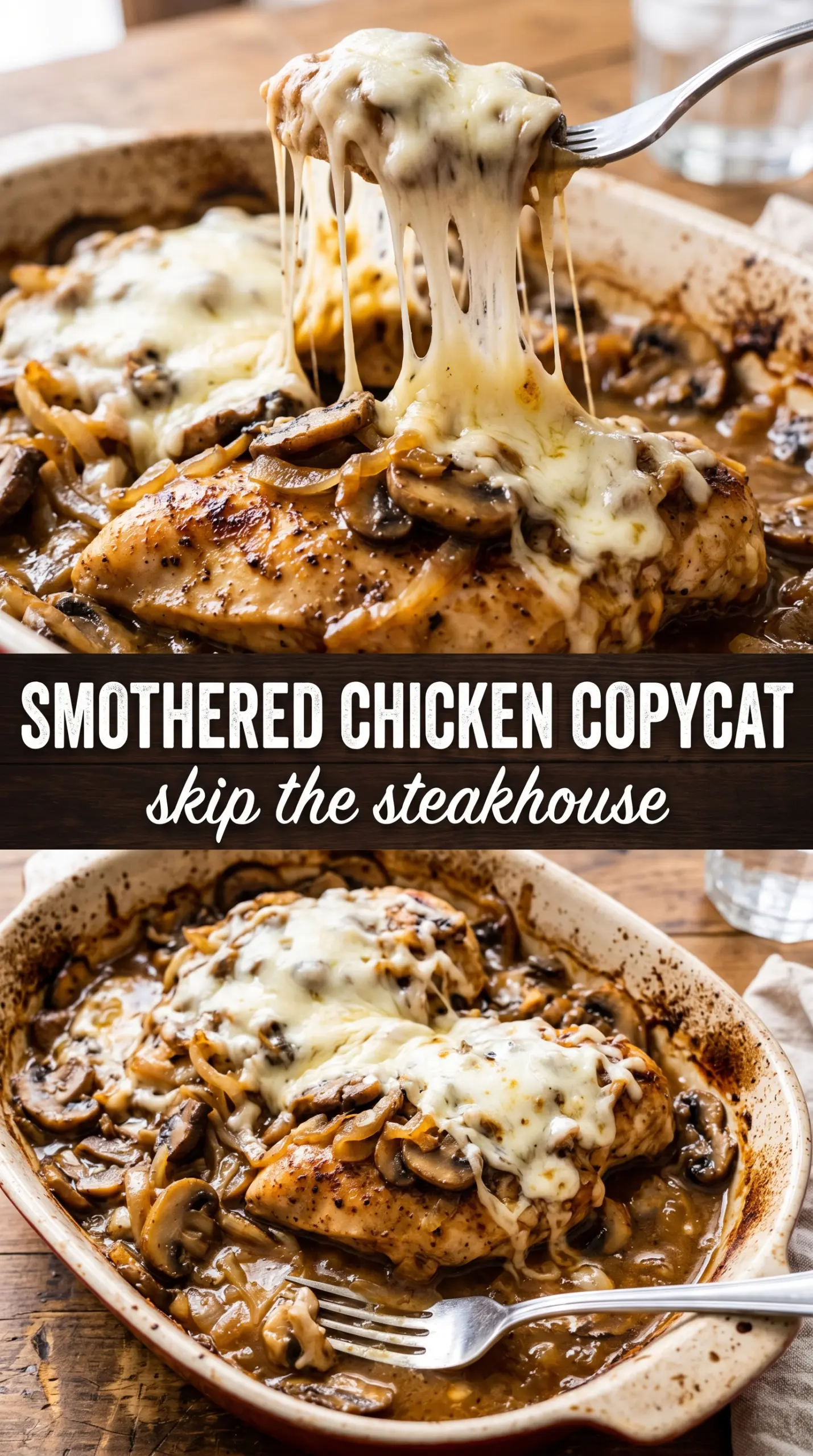 Texas Roadhouse Smothered Chicken Copycat savory mushrooms cheesy