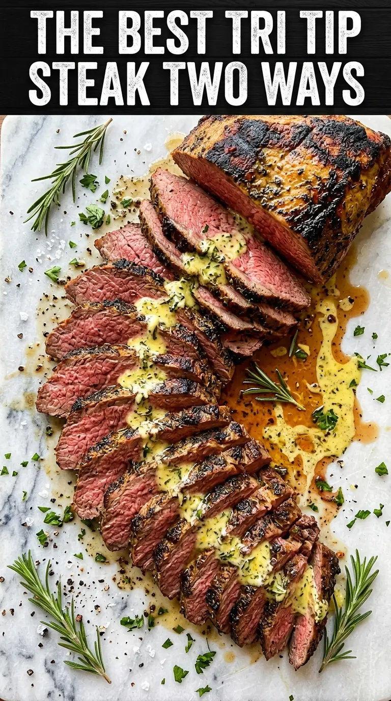 Tri-tip grilled or oven-roasted, crusty seasoned beef