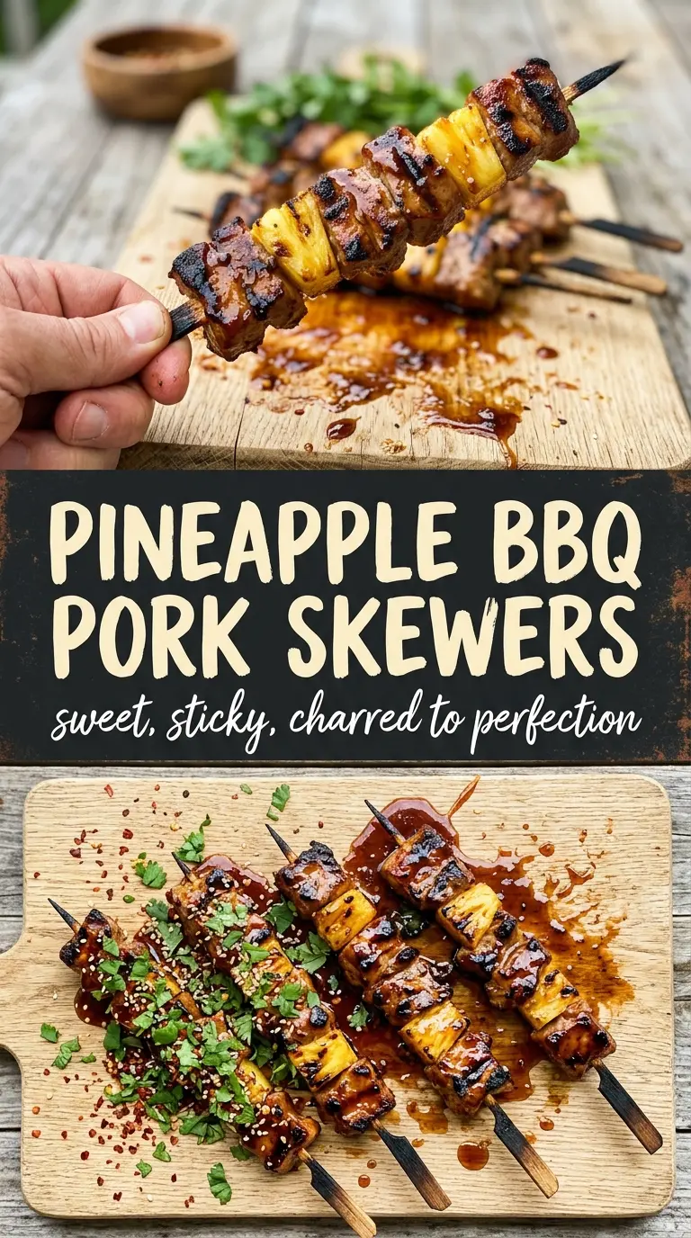 Pineapple BBQ Pork Skewers charred sticky grilled
