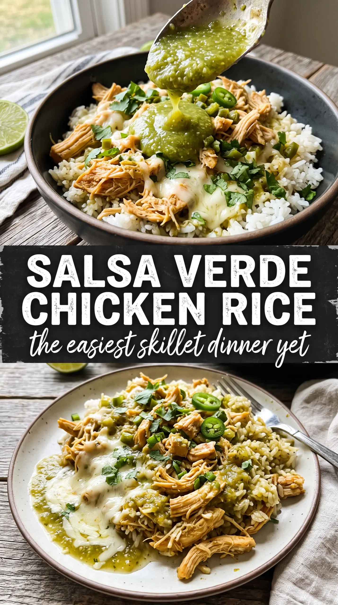 Salsa Verde Chicken and Rice Skillet, golden chicken, green rice, melted cheese