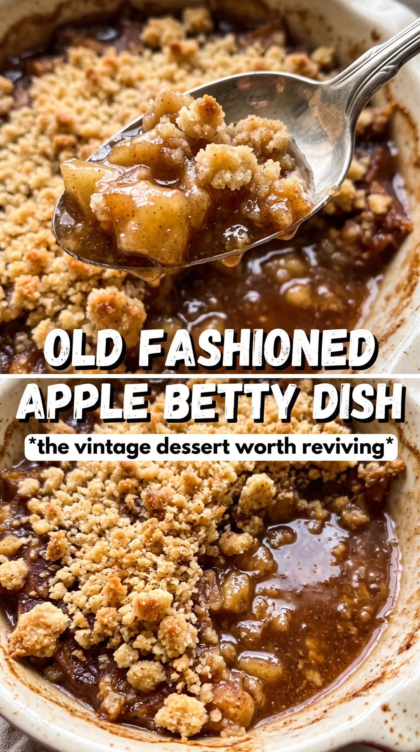 Apple Betty golden breadcrumb topping spiced apples layered