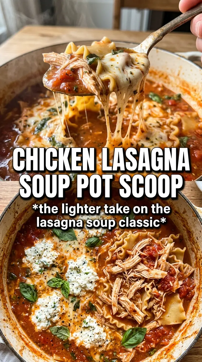 Chicken Lasagna Soup tomato broth, cheesy, comforting