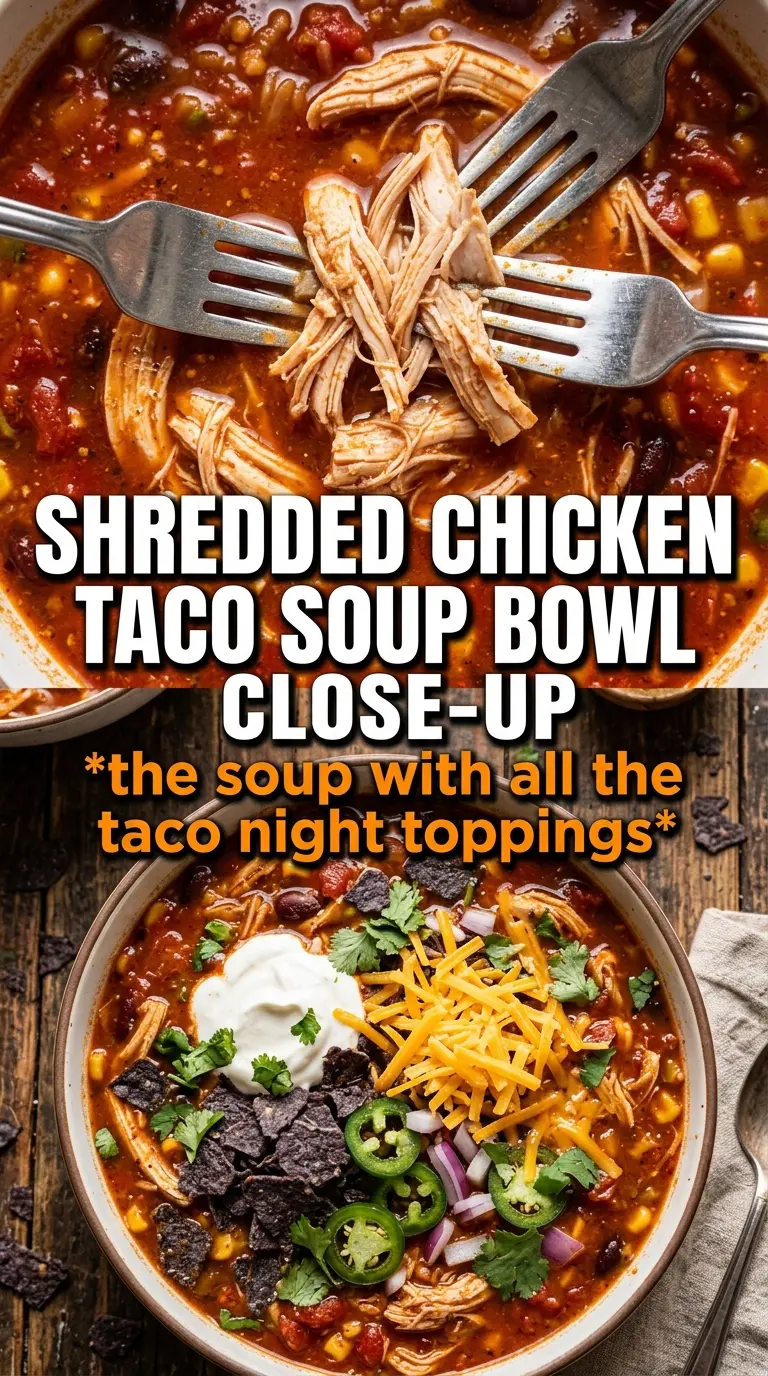 Chicken Taco Soup golden broth, shredded chicken, topping