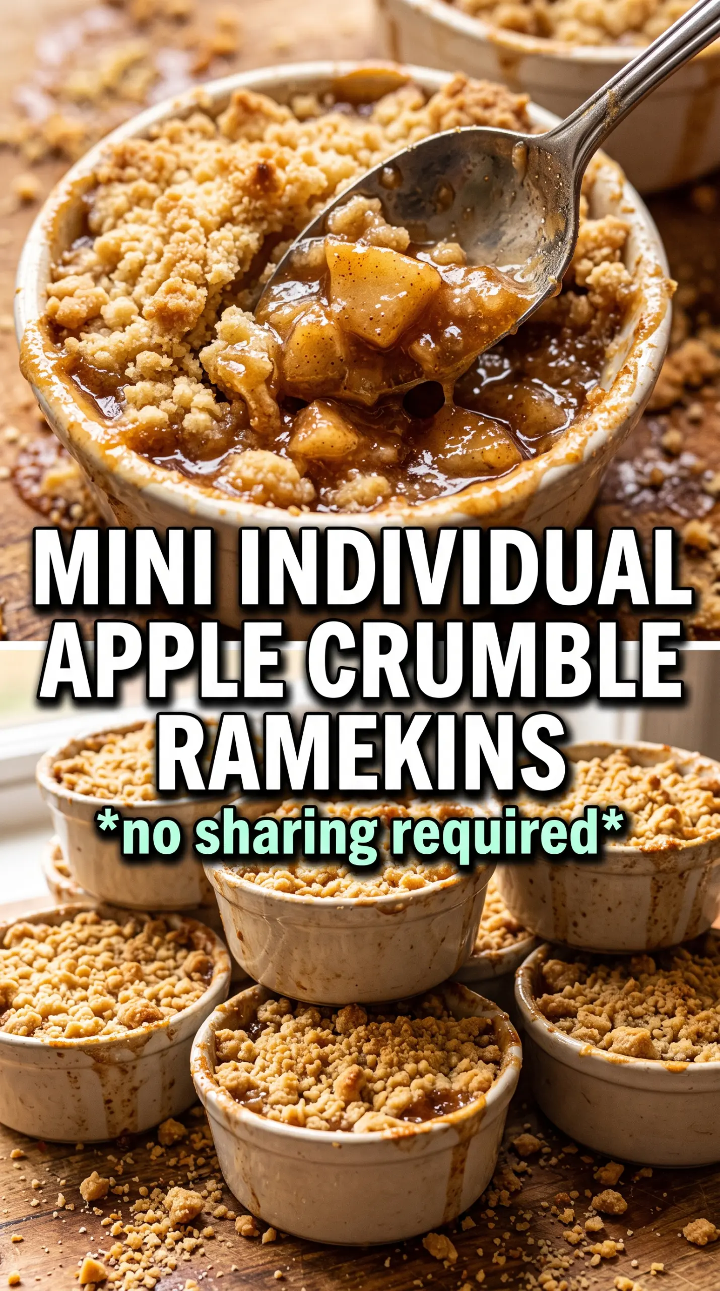 Individual Apple Crumbles golden oat topping, caramelized edges, ramekins