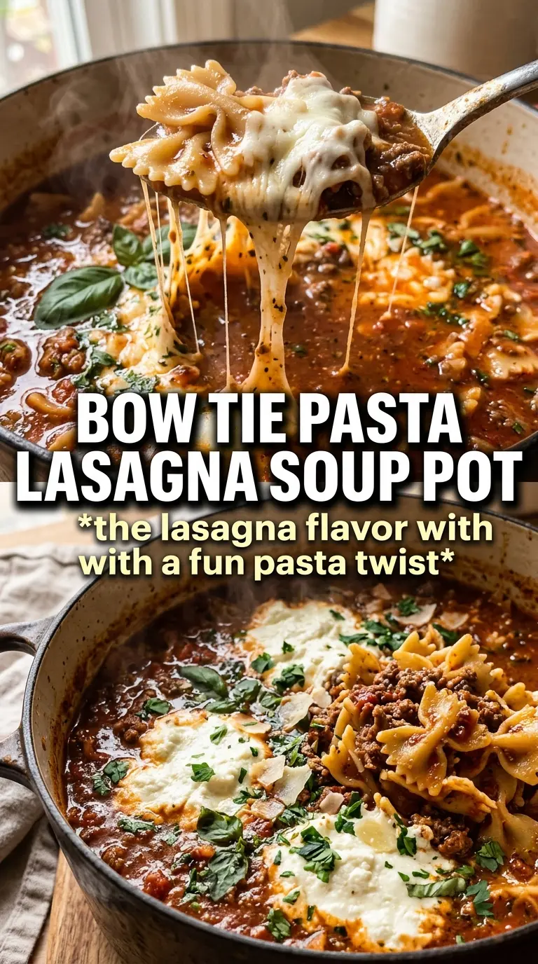 Lasagna Soup With Bow Tie Pasta, hearty tomato, cheesy