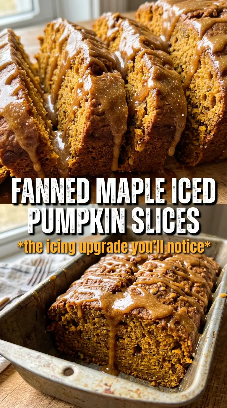 Pumpkin Bread With Brown Butter Maple Icing, golden loaf, glossy drizzle