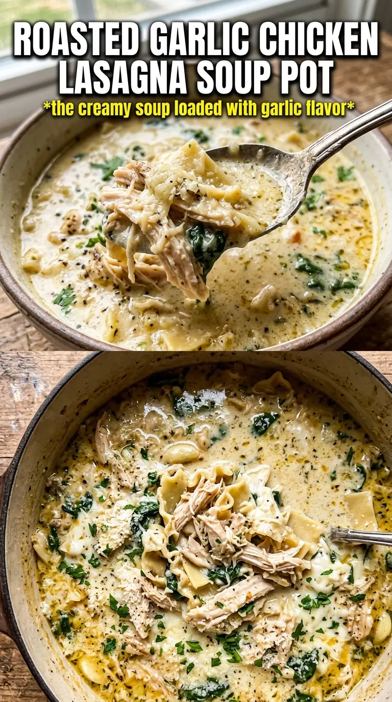 Roasted Garlic White Chicken Lasagna Soup creamy savory