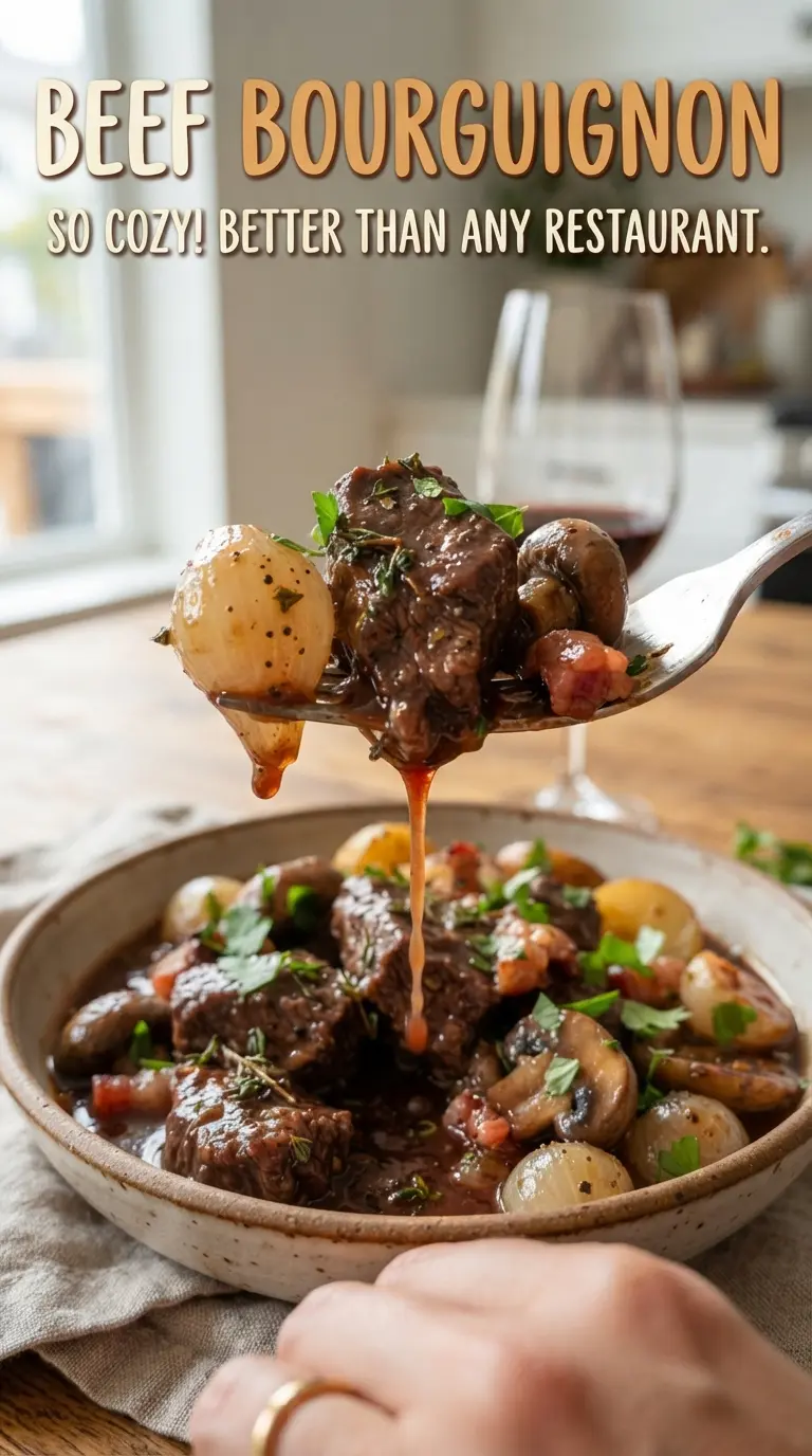 Beef Bourguignon tender beef glossy red wine sauce