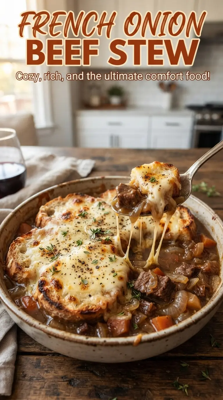 French Onion Beef Stew rich savory bubbling