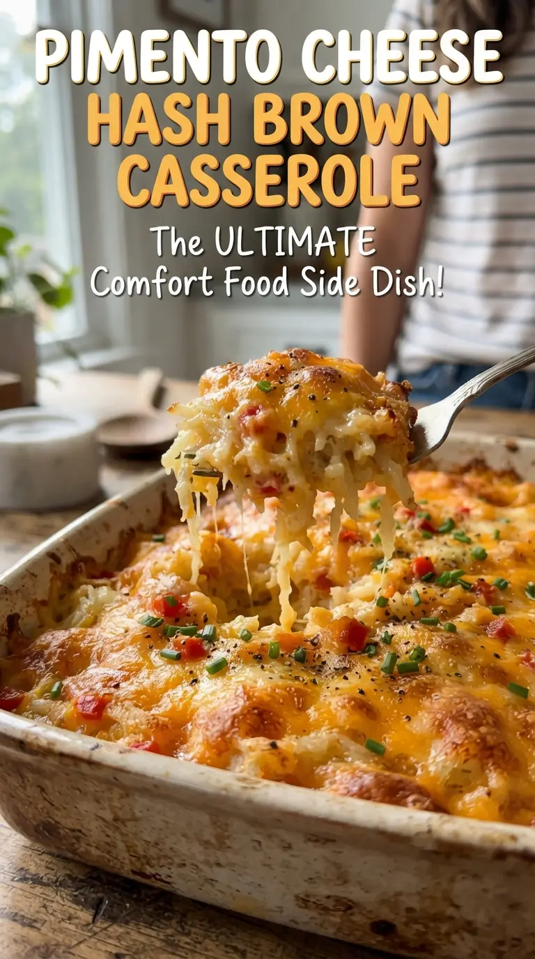 Pimento Cheese Hash Brown Casserole, creamy cheesy, golden crust