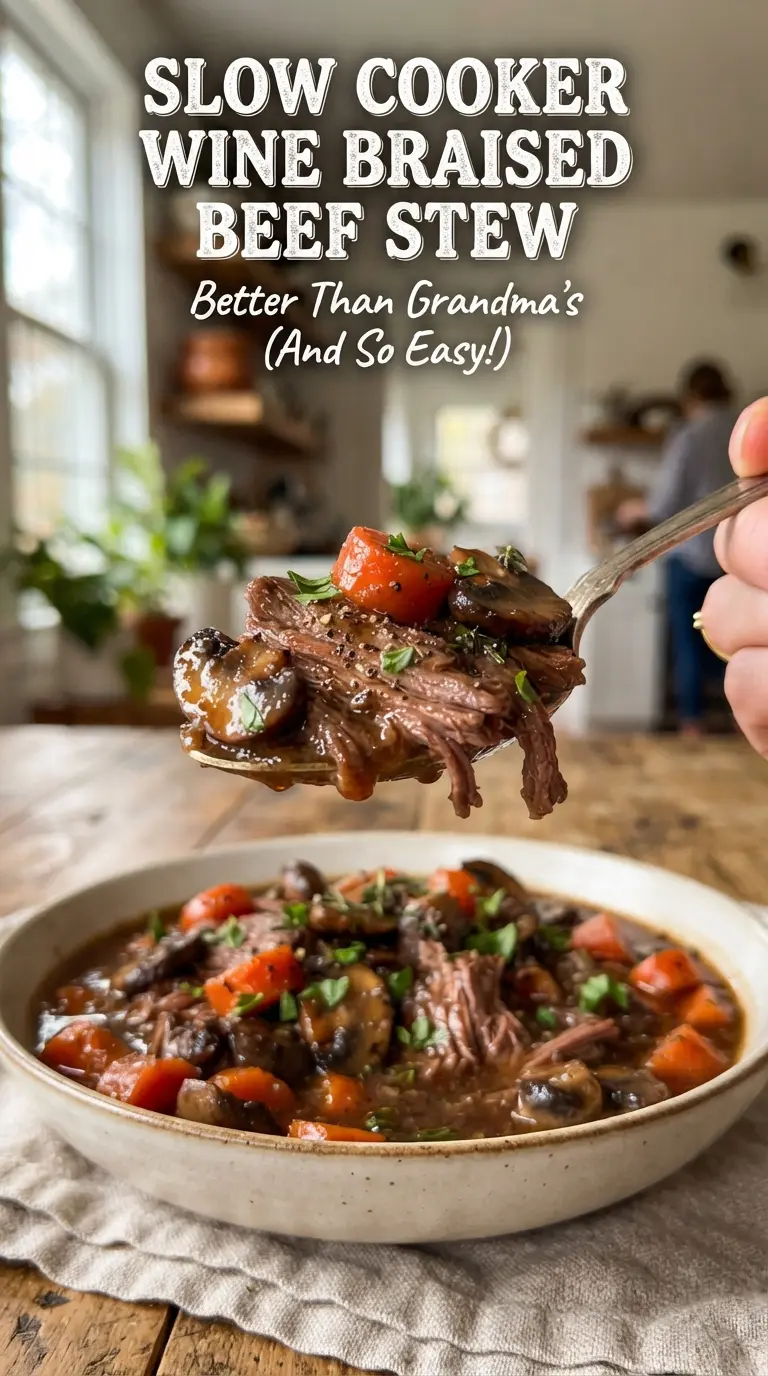 Slow cooker wine braised beef stew glossy hearty aromatic