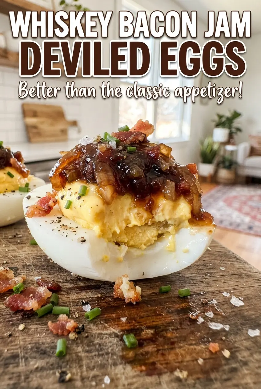Whiskey Bacon Jam Deviled Eggs